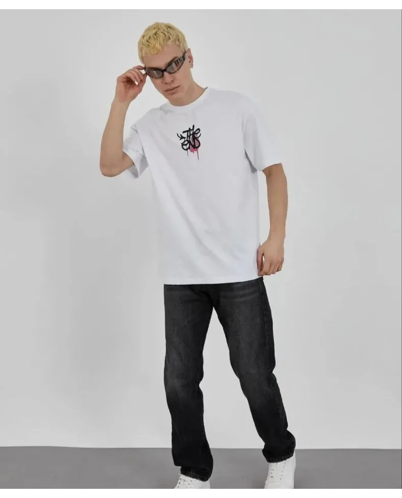 ERKEK Bisiklet Yaka Baskılı Oversize T-Shirt - Beyaz