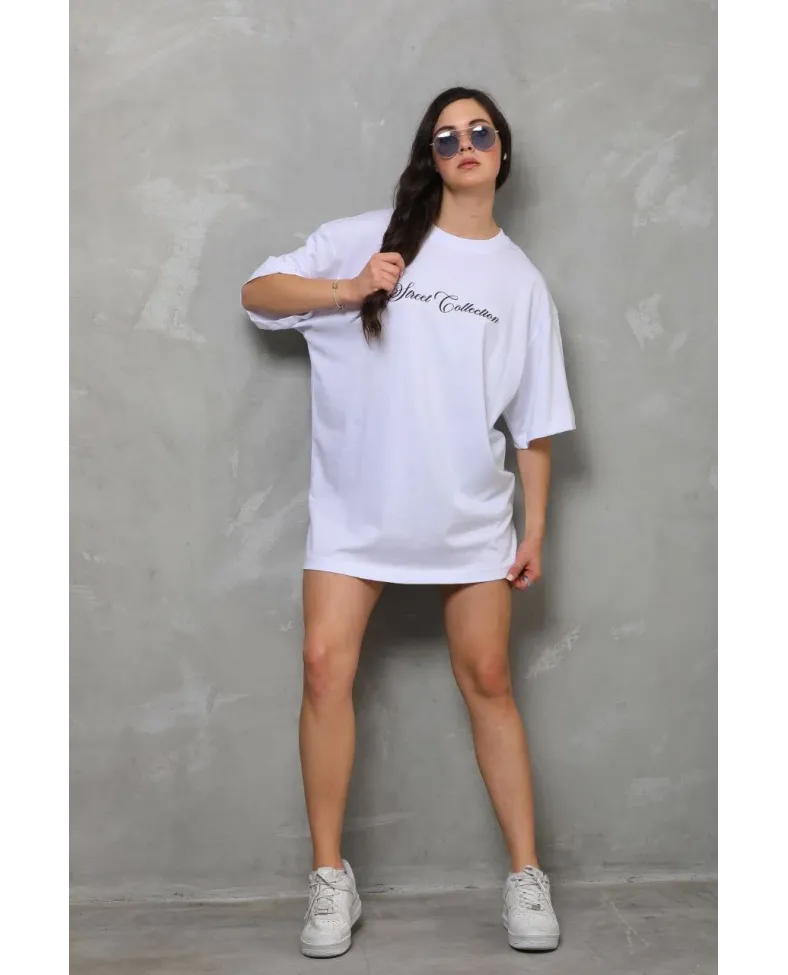 Kadın Baskılı T-Shirt Kısa Kol Bisiklet Yaka  Ovarsize Rahat Kalıp Günlük Tişört  - Beyaz