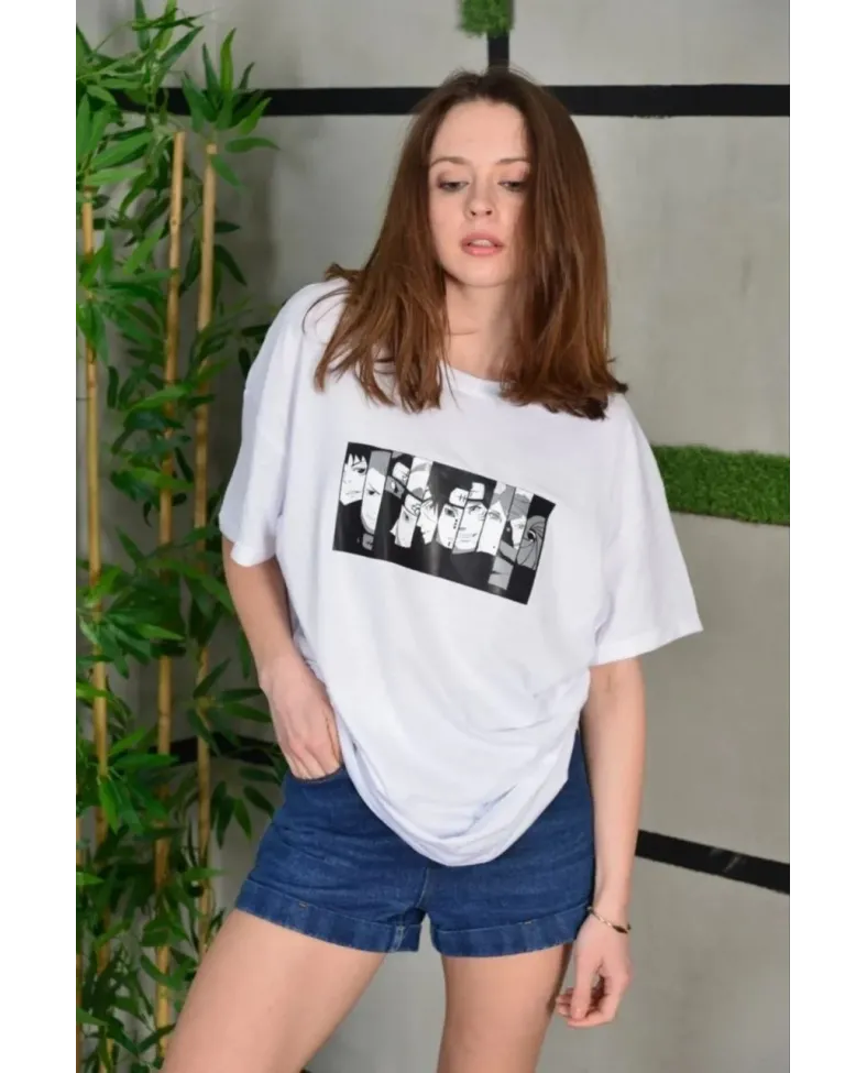 Kadın Bisiklet Yaka Baskılı Oversize T-Shirt - Beyaz