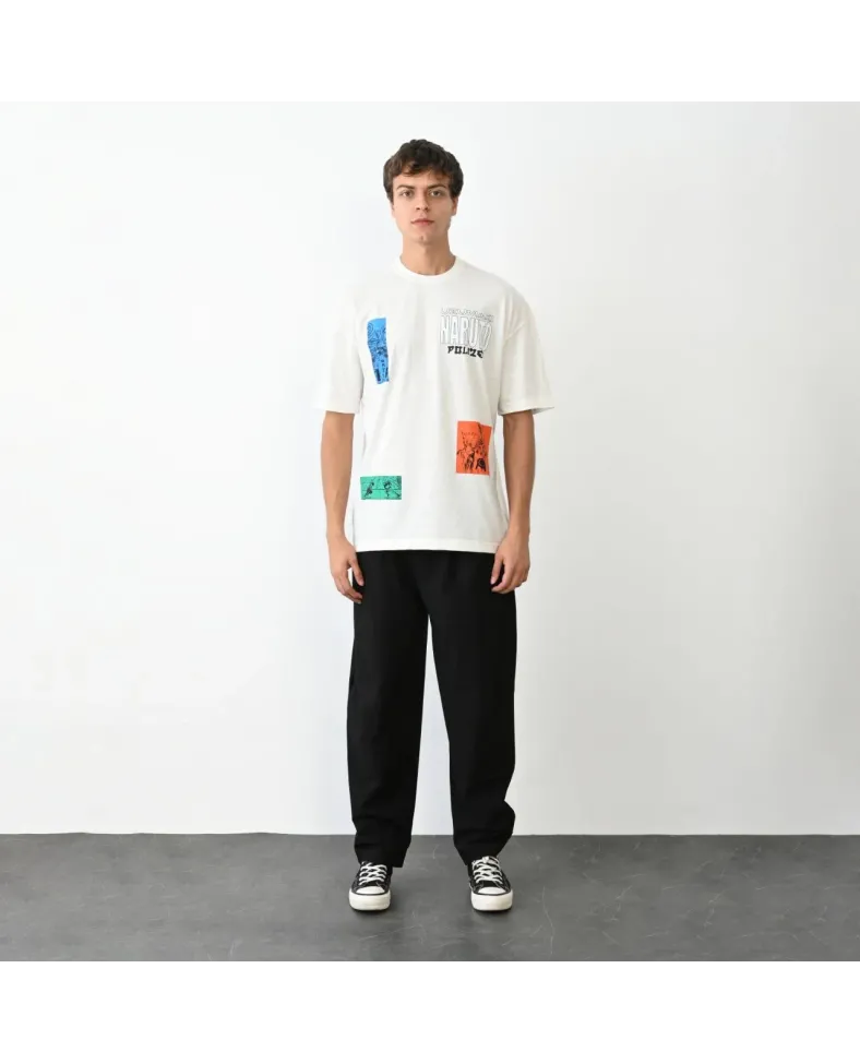 Erkek  Bisiklet Yaka Baskılı Oversize T-Shirt - Beyaz