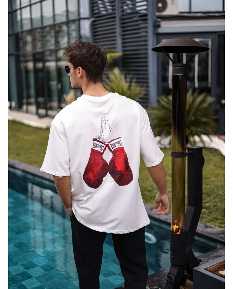 Erkek Bisiklet Yaka Baskılı Oversize T-Shirt - Beyaz