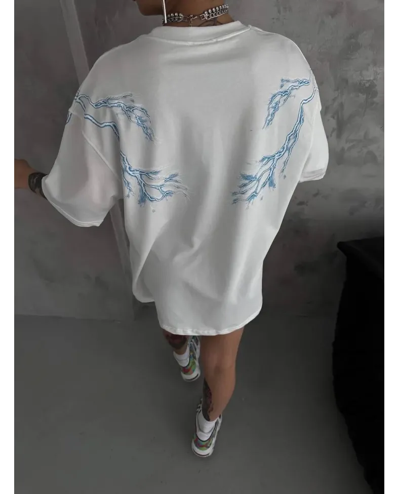 Kadın Bisiklet Yaka Baskılı Oversize T-Shirt - Beyaz