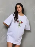 Kadın Baskılı T-Shirt Kısa Kol Bisiklet Yaka Regular Fit Rahat Kalıp Günlük Tişört - Beyaz