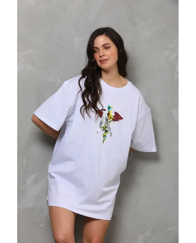 Kadın Baskılı T-Shirt Kısa Kol Bisiklet Yaka Regular Fit Rahat Kalıp Günlük Tişört - Beyaz