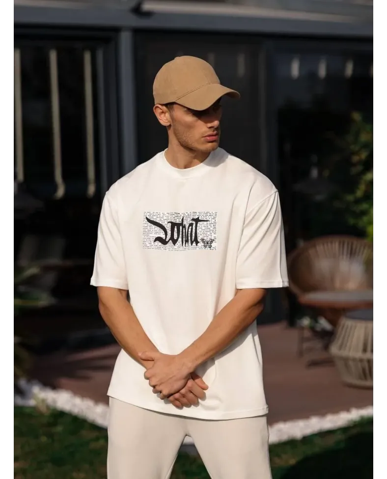 ERKEK Bisiklet Yaka Baskılı Oversize T-Shirt - Beyaz