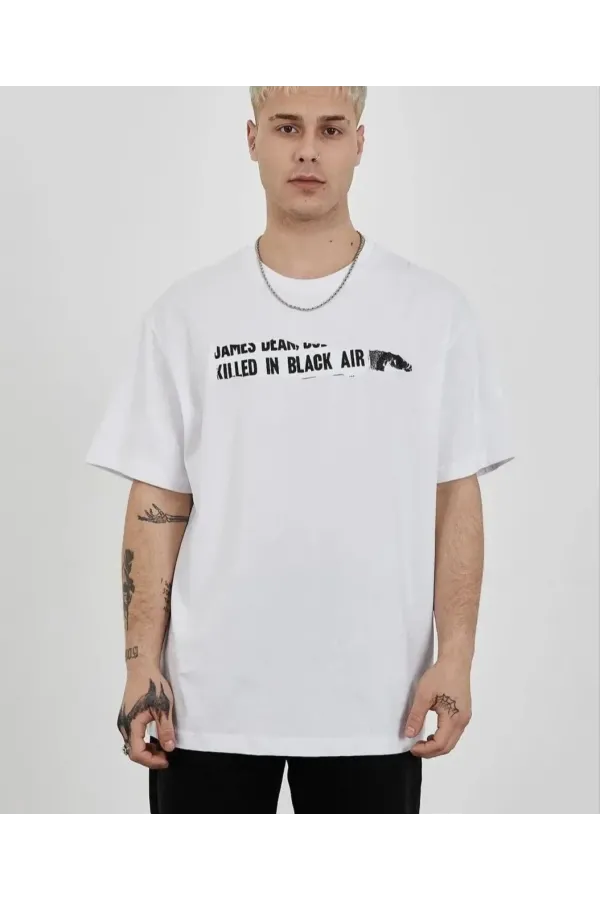 Erkek  Bisiklet Yaka Baskılı Oversize T-Shirt - Beyaz