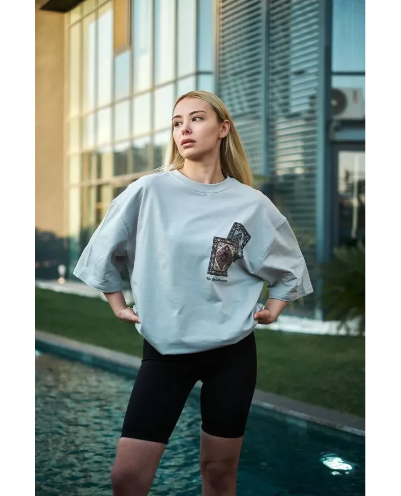 kadın Bisiklet Yaka Baskılı Oversize T-Shirt - Boyalı Gri