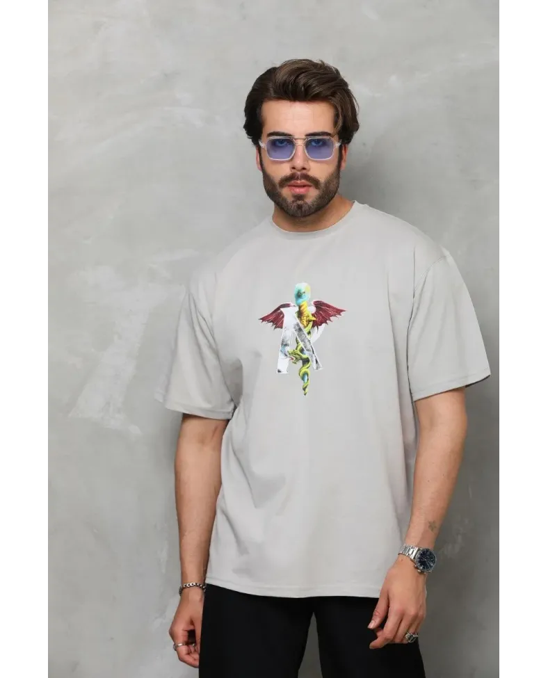 Erkek Bisiklet Yaka Baskılı T-Shirt - Gri