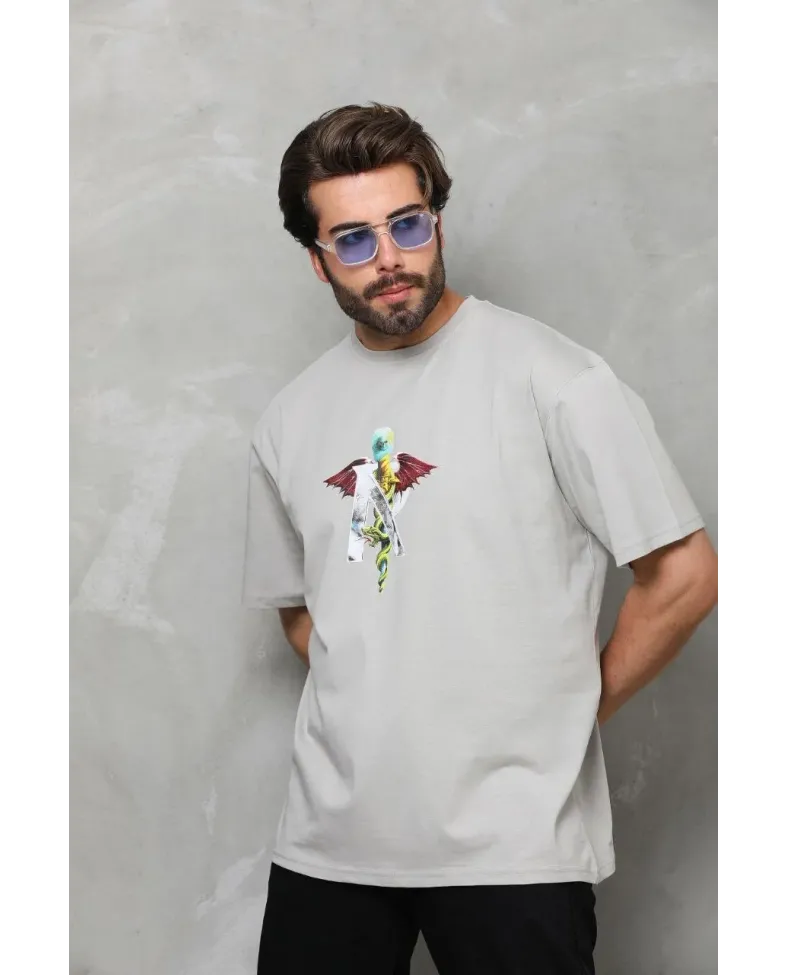 Erkek Bisiklet Yaka Baskılı T-Shirt - Gri