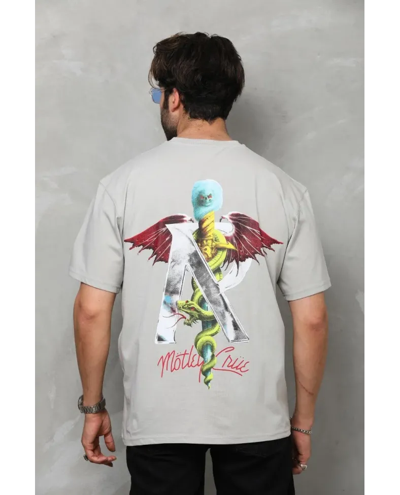 Erkek Bisiklet Yaka Baskılı T-Shirt - Gri