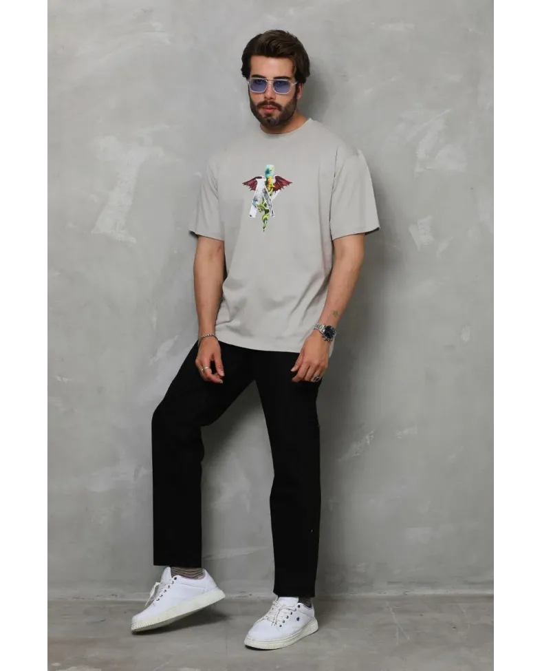 Erkek Bisiklet Yaka Baskılı T-Shirt - Gri