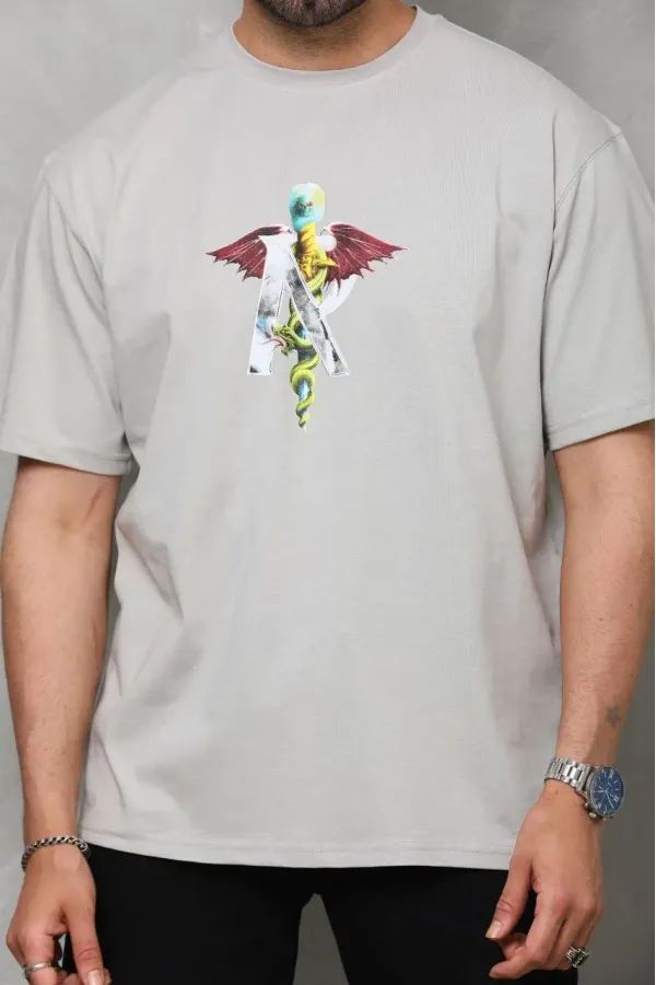 Erkek Bisiklet Yaka Baskılı T-Shirt - Gri