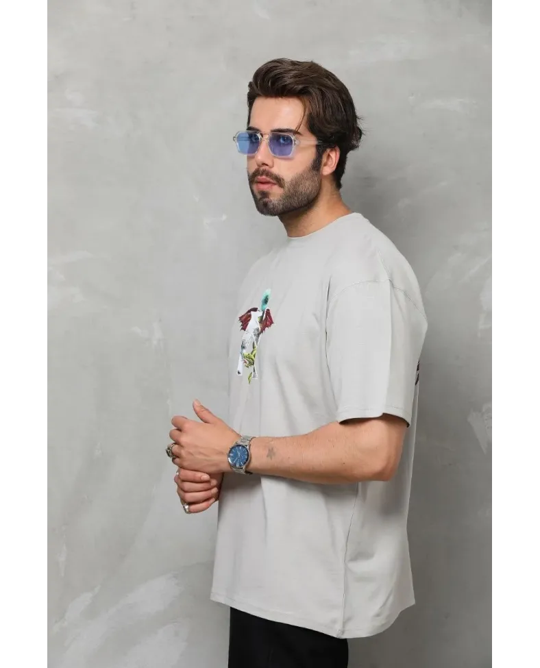 Erkek Bisiklet Yaka Baskılı T-Shirt - Gri