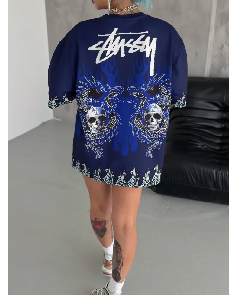 Unisex Bisiklet Yaka Baskılı Oversize T-Shirt - Lacivert