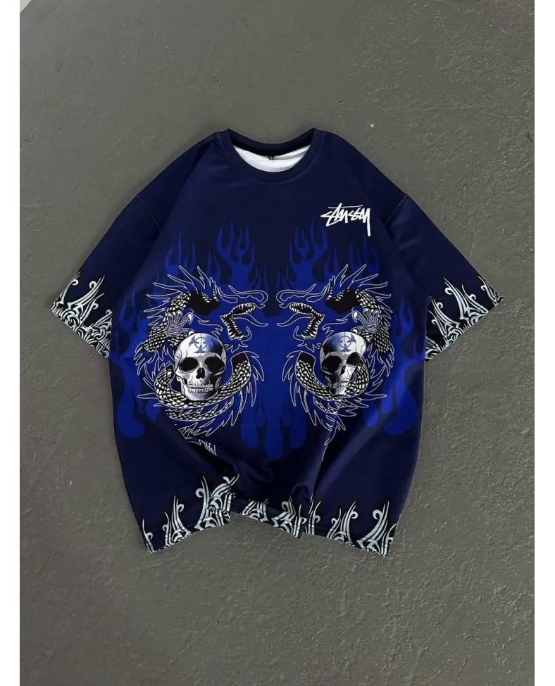 Unisex Bisiklet Yaka Baskılı Oversize T-Shirt - Lacivert