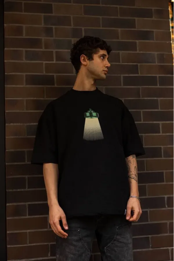 Erkek Bisiklet Yaka Baskılı Oversize T-Shirt - Siyah