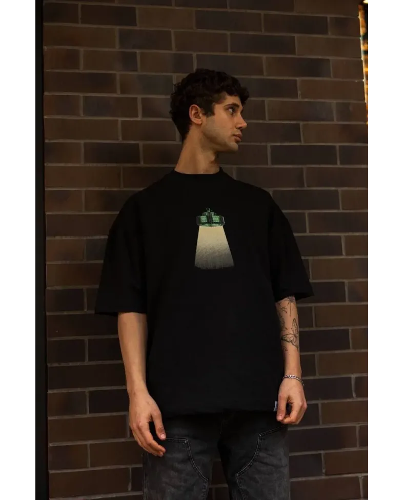 Erkek Bisiklet Yaka Baskılı Oversize T-Shirt - Siyah