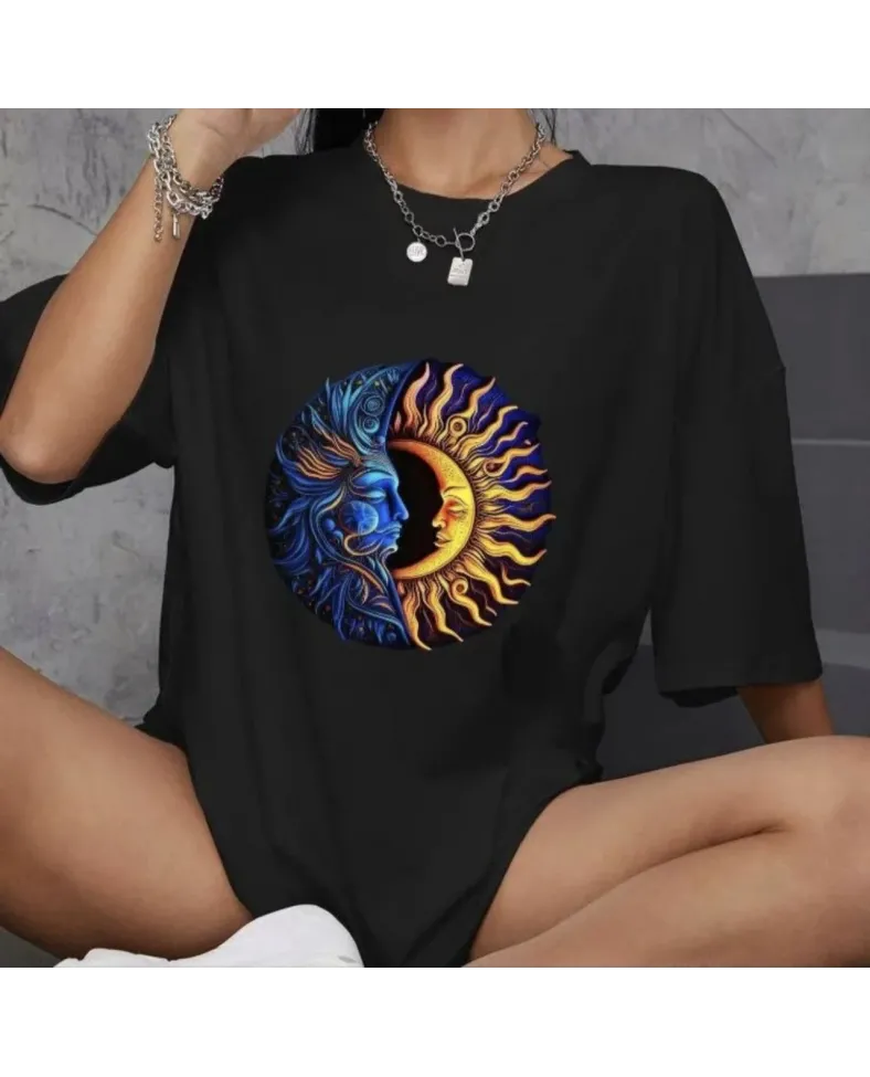 kadın  Bisiklet Yaka Baskılı Oversize T-Shirt - Siyah