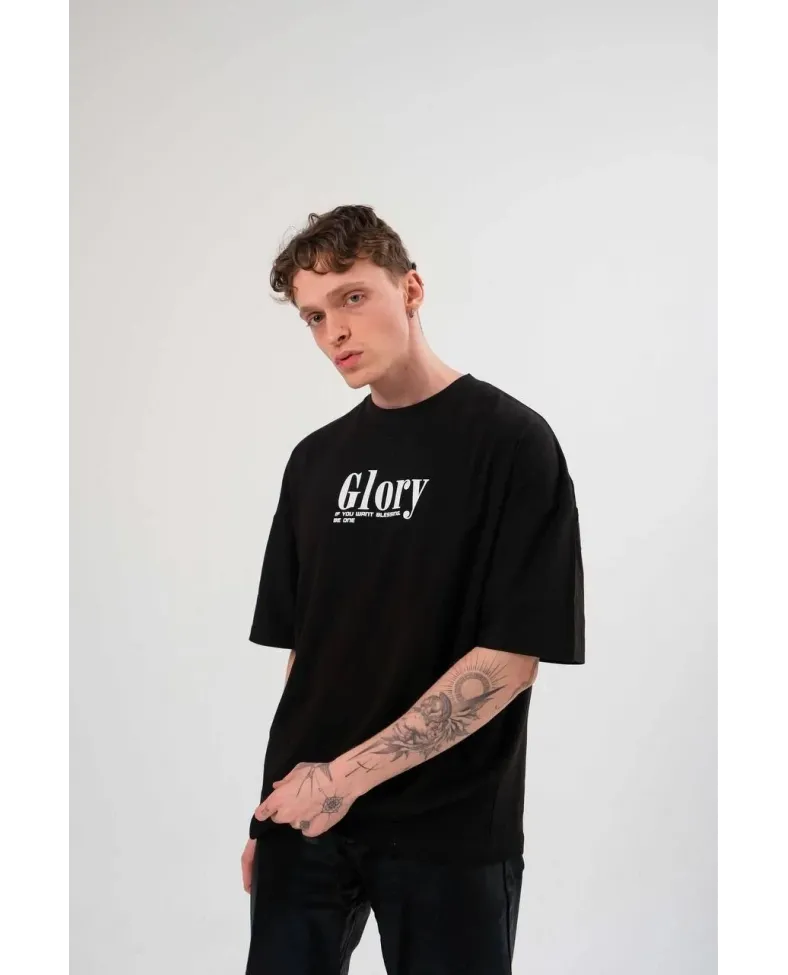 Erkek Bisiklet Yaka Baskılı Oversize T-Shirt - Siyah