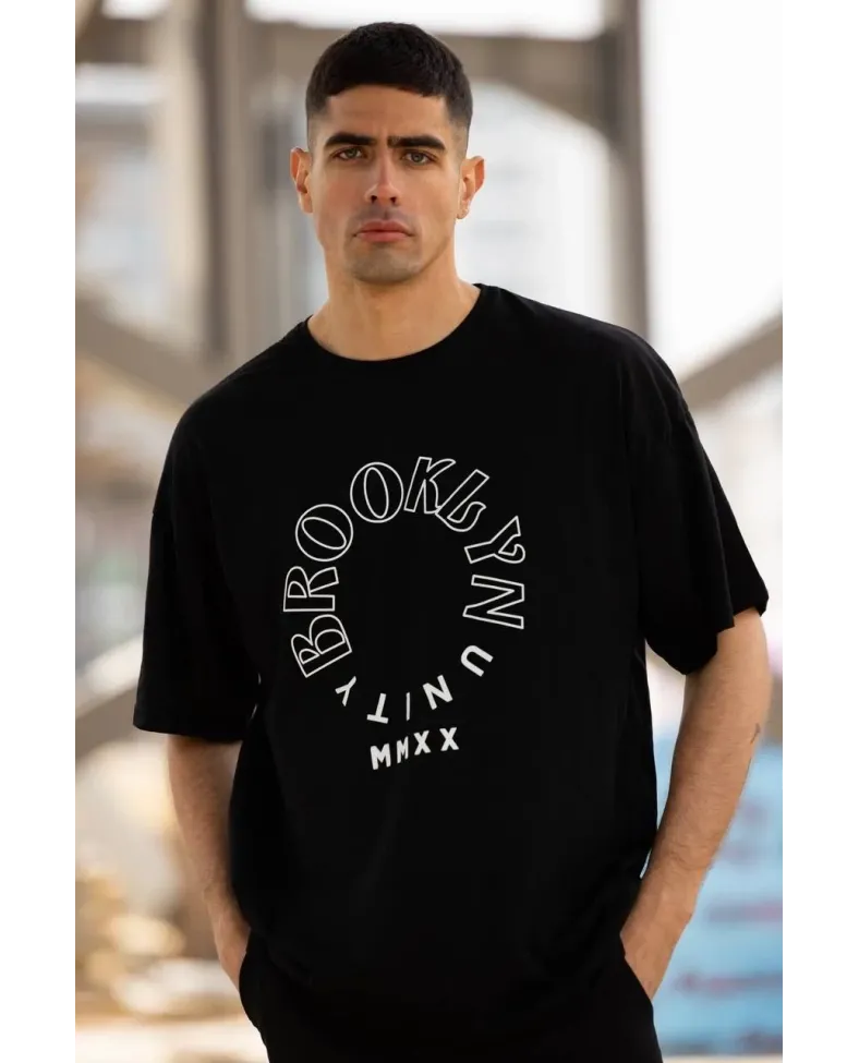 Erkek Baskılı T-Shirt Kısa Kol Bisiklet Yaka Regular Fit Rahat Kalıp Günlük Tişört - Siyah