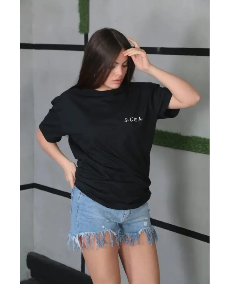 Kadın Bisiklet Yaka Baskılı Oversize T-Shirt - Siyah