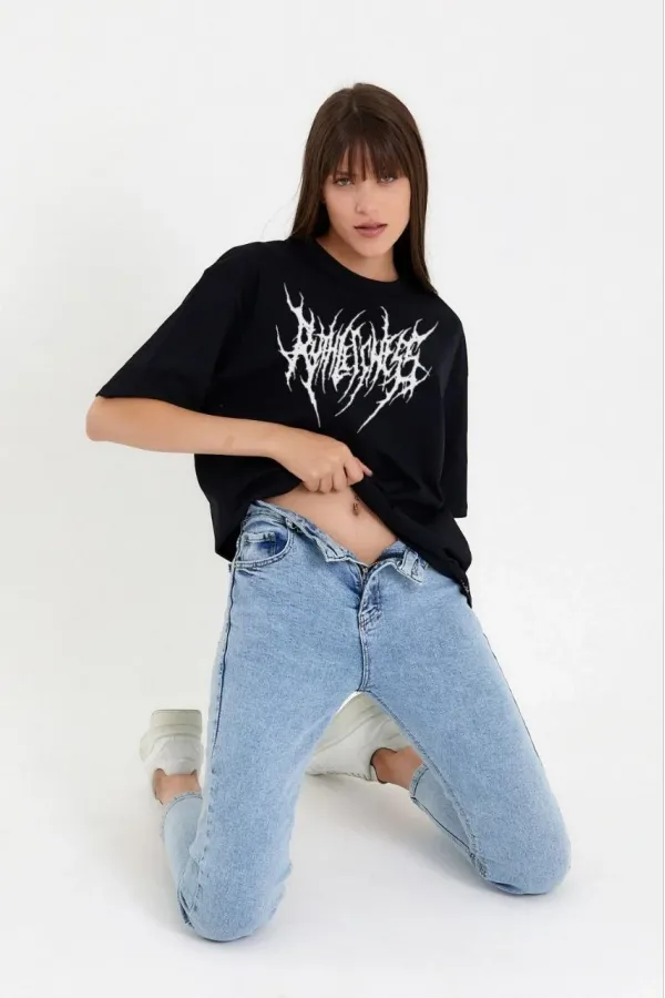 Kadın Bisiklet Yaka Baskılı Oversize T-Shirt - Siyah