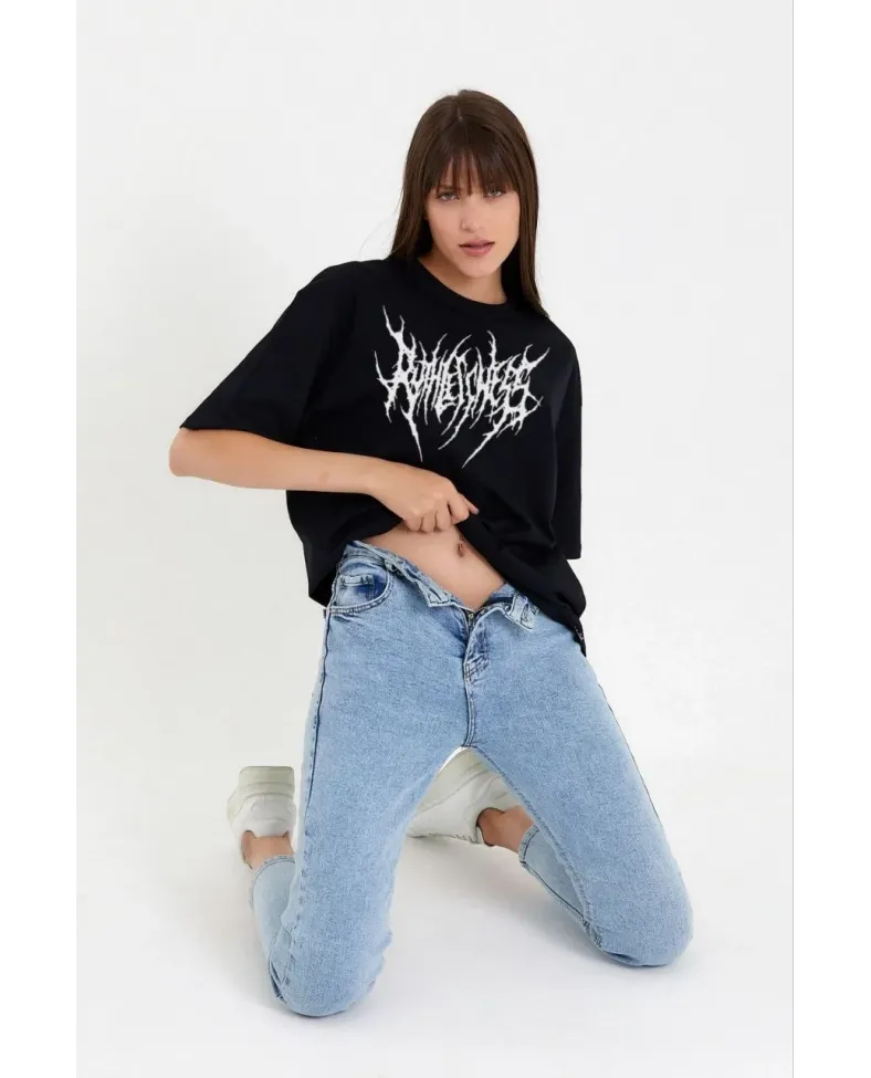 Kadın Bisiklet Yaka Baskılı Oversize T-Shirt - Siyah