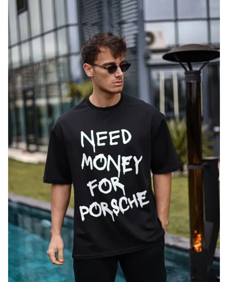 Erkek Bisiklet Yaka Baskılı Oversize T-Shirt - Siyah