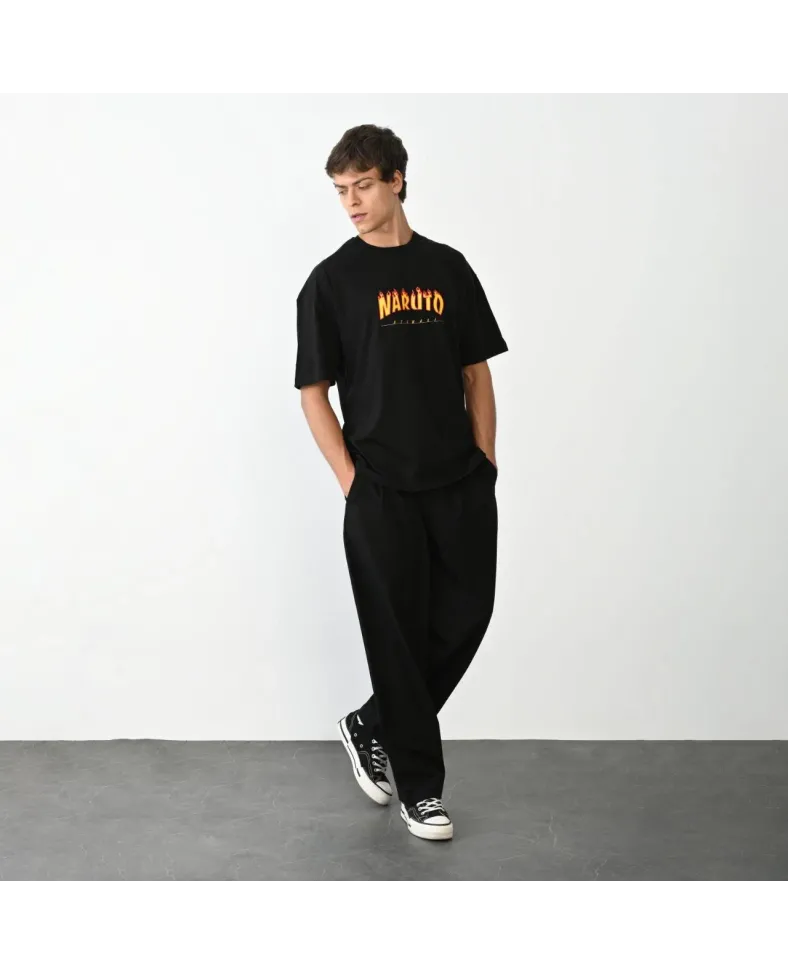 Erkek Bisiklet Yaka Baskılı Oversize T-Shirt - Siyah