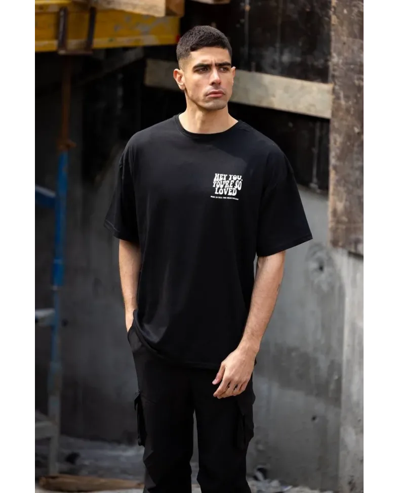 ERKEK Bisiklet Yaka Baskılı Oversize T-Shirt - Siyah