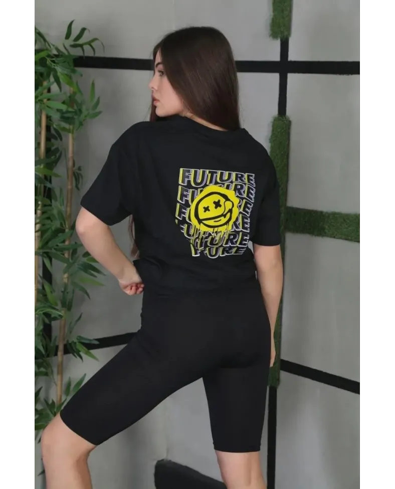 Kadın Bisiklet Yaka Baskılı Oversize T-Shirt - Siyah