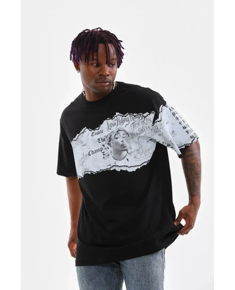 Erkek  Bisiklet Yaka Baskılı Oversize T-Shirt - Siyah