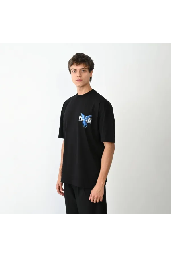 ERKEK Bisiklet Yaka Baskılı Oversize T-Shirt - Siyah