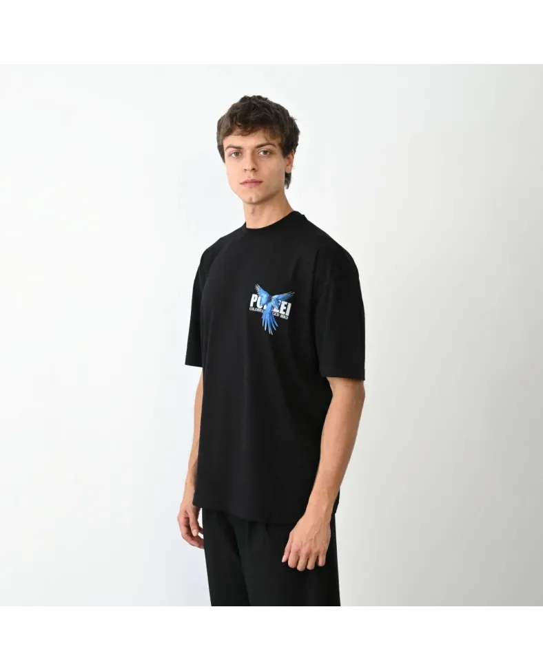 ERKEK Bisiklet Yaka Baskılı Oversize T-Shirt - Siyah