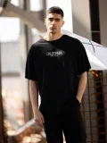 ERKEK Bisiklet Yaka Baskılı Oversize T-Shirt - Siyah