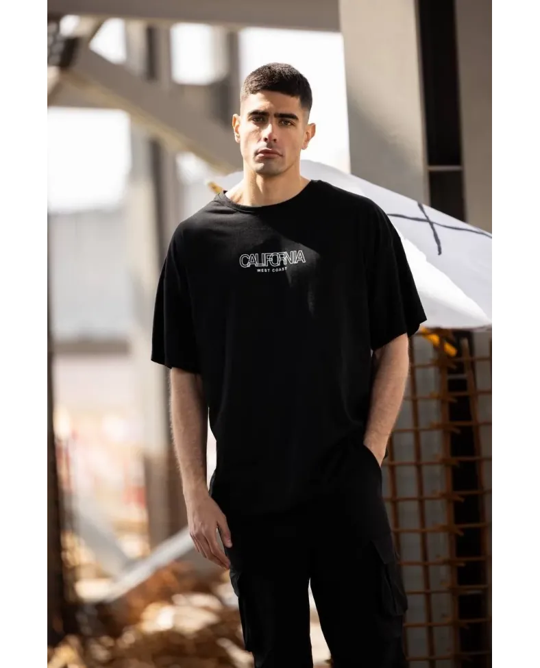 ERKEK Bisiklet Yaka Baskılı Oversize T-Shirt - Siyah