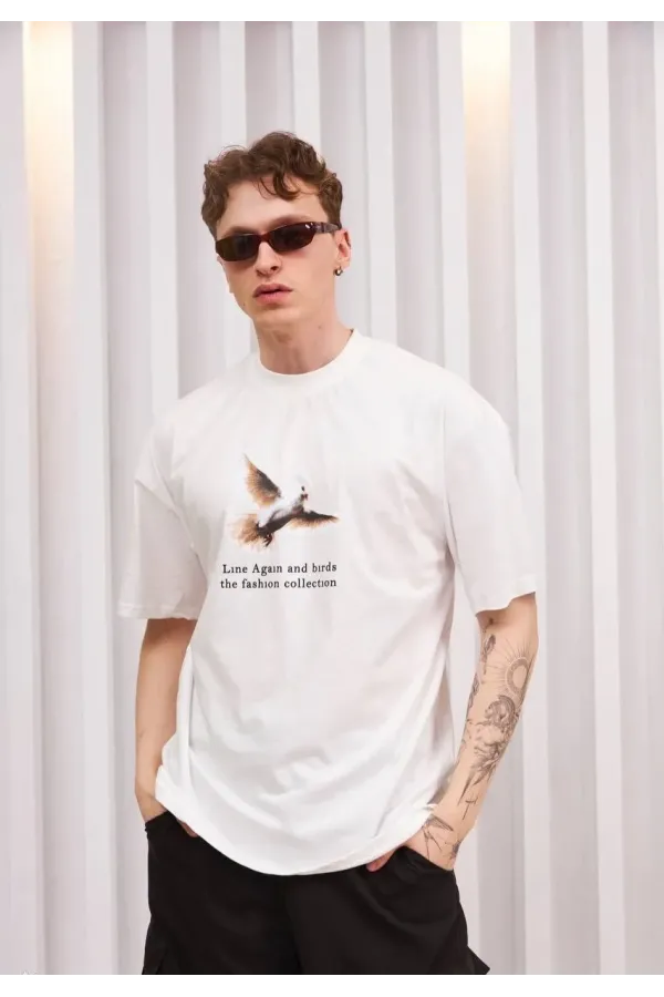 Erkek Bisiklet Yaka Baskılı Oversize T-Shirt - Siyah