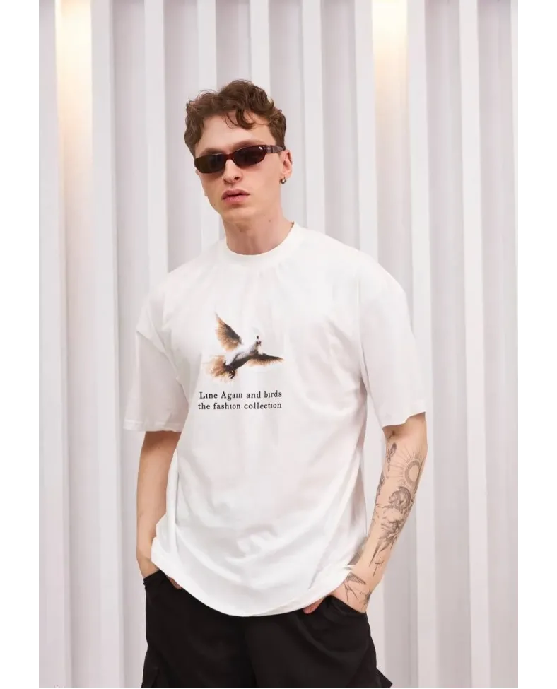 Erkek Bisiklet Yaka Baskılı Oversize T-Shirt - Siyah