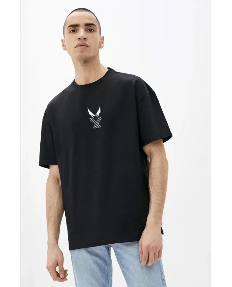 Erkek Baskılı T-Shirt Kısa Kol Bisiklet Yaka Rahat Kalıp Tişört - Siyah