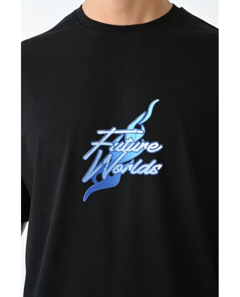 ERKEK Bisiklet Yaka Baskılı Oversize T-Shirt - Siyah