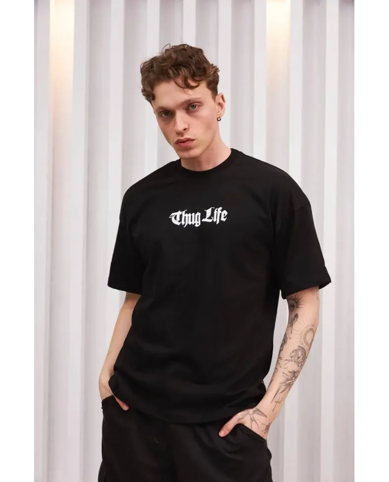 Erkek Bisiklet Yaka Baskılı Oversize T-Shirt - Siyah