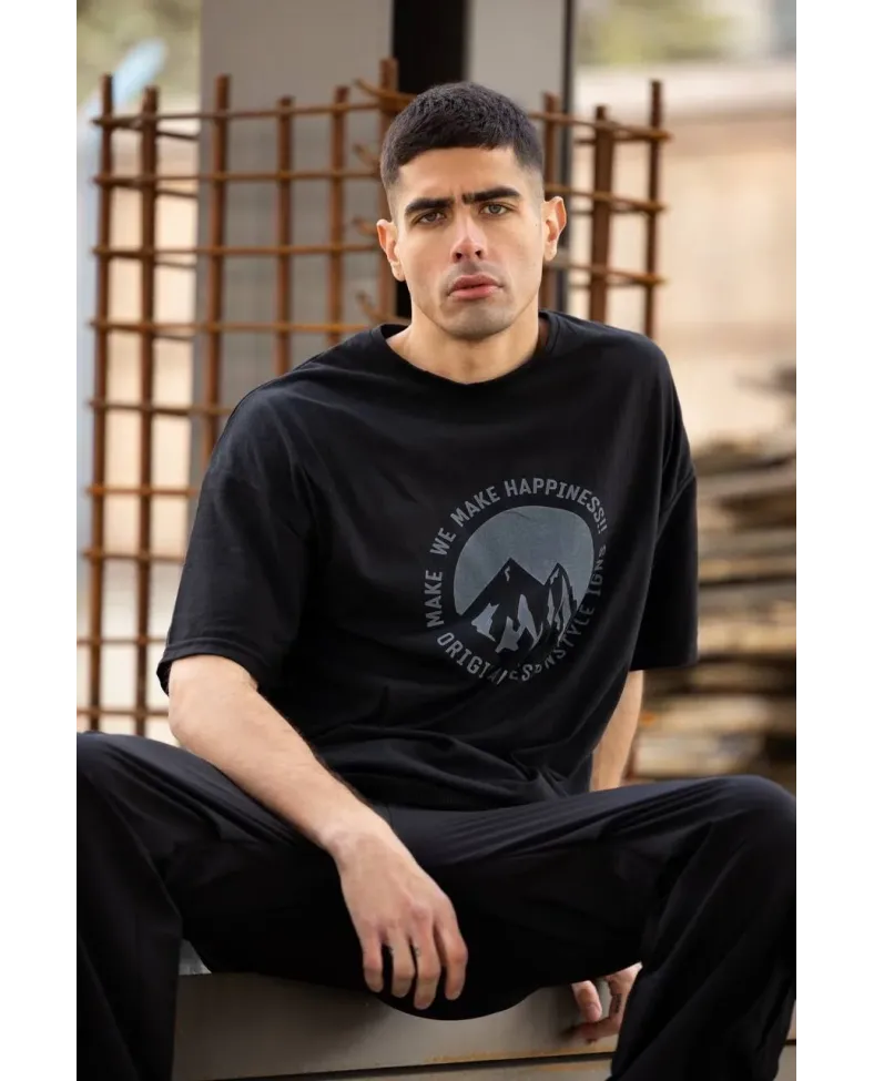 Erkek Baskılı T-Shirt Kısa Kol Bisiklet Yaka Regular Fit Rahat Kalıp Günlük Tişört - Siyah Somersan Giyim | Kadın, Erkek ve Çocuk Moda