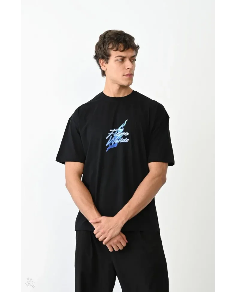 ERKEK Bisiklet Yaka Baskılı Oversize T-Shirt - Siyah