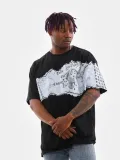 Erkek  Bisiklet Yaka Baskılı Oversize T-Shirt - Siyah