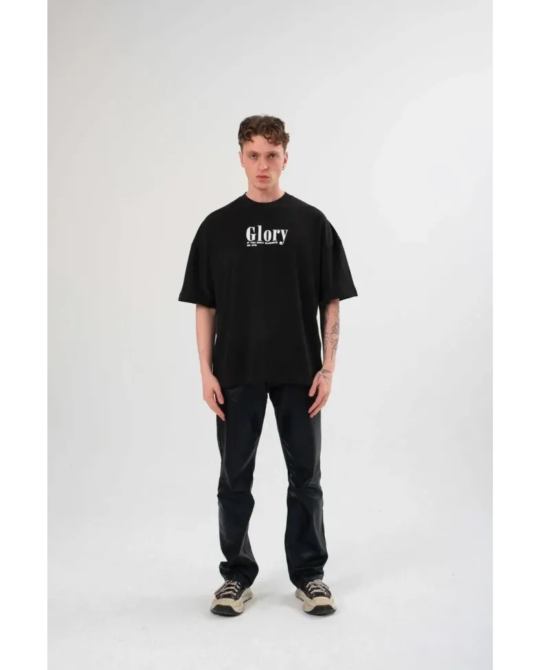 Erkek Bisiklet Yaka Baskılı Oversize T-Shirt - Siyah
