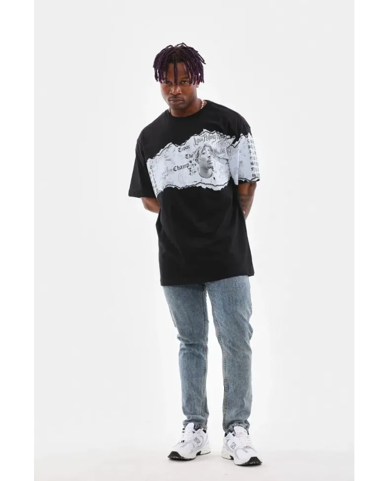 Erkek  Bisiklet Yaka Baskılı Oversize T-Shirt - Siyah