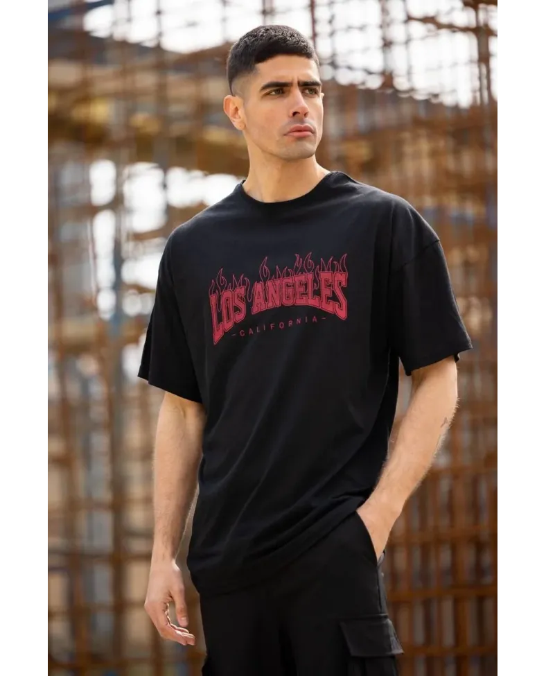 Unisex Bisiklet Yaka Baskılı Oversize T-Shirt - Siyah