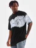 Erkek  Bisiklet Yaka Baskılı Oversize T-Shirt - Siyah