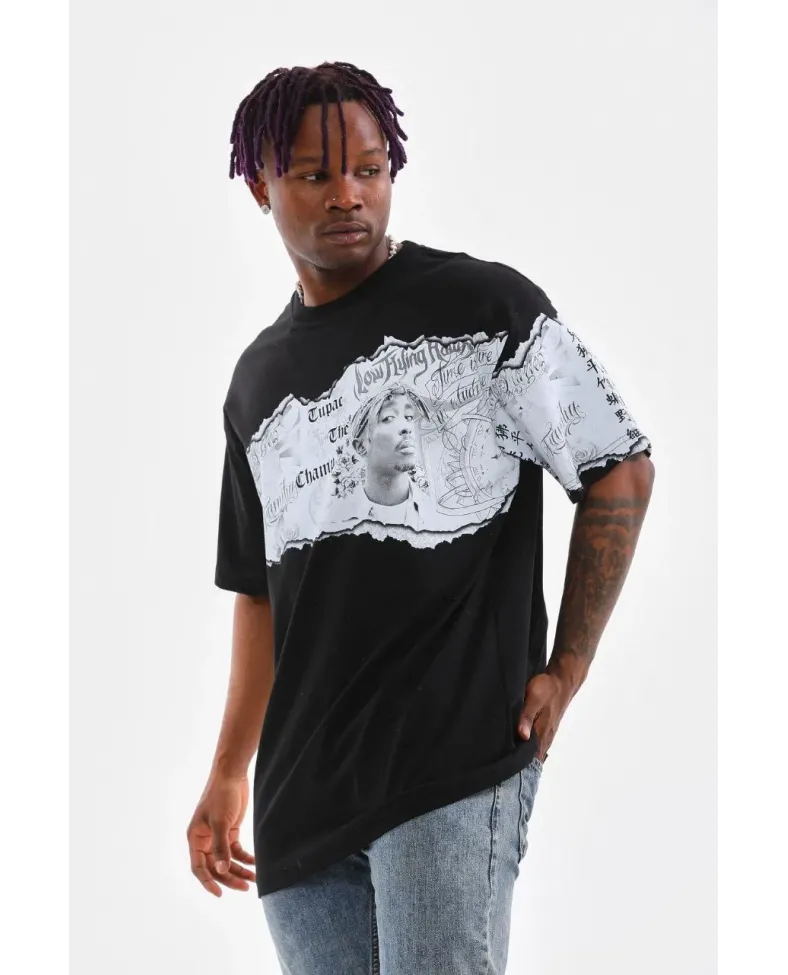 Erkek  Bisiklet Yaka Baskılı Oversize T-Shirt - Siyah