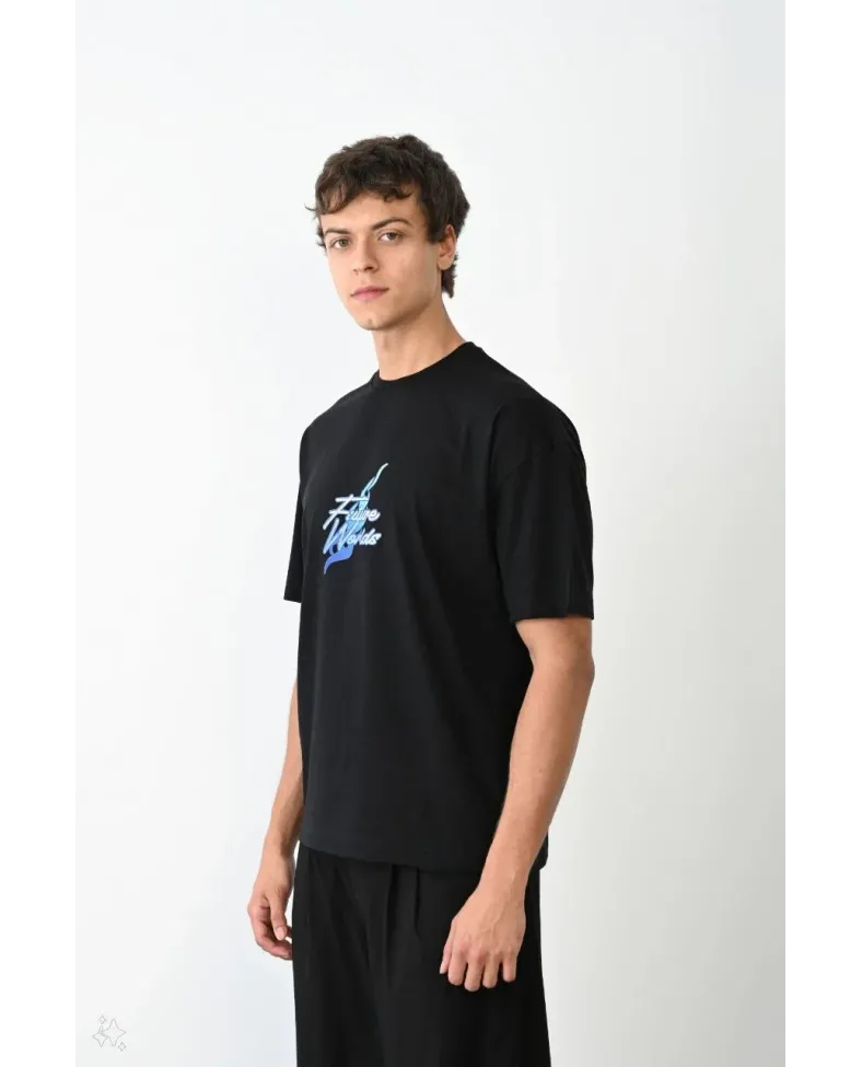 ERKEK Bisiklet Yaka Baskılı Oversize T-Shirt - Siyah